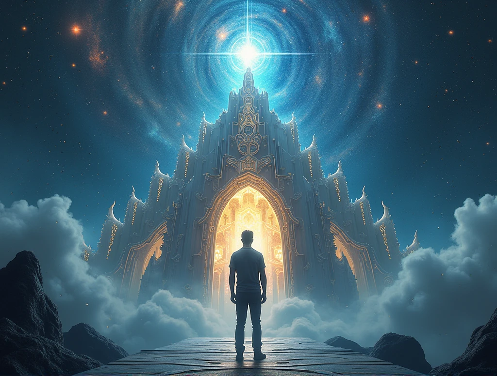 give me an astral temple with a man thinking about money