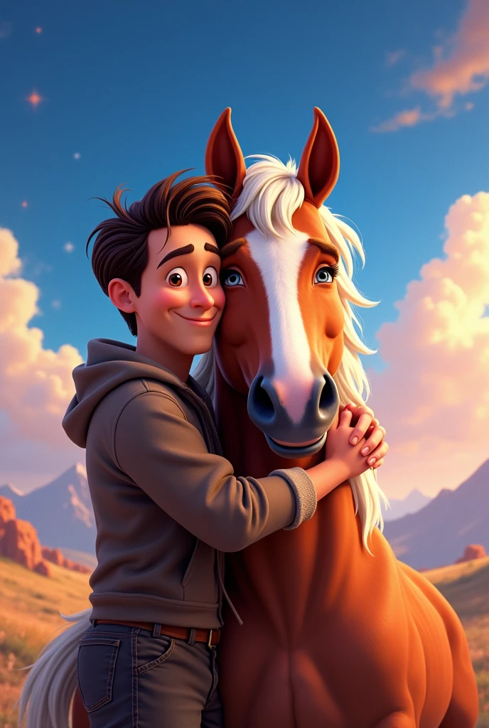 Disney Pixar movie poster with man hugging a horse with title: Mr Hands