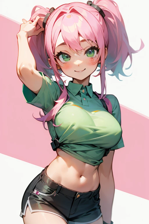 Cute girl, pink hair, pigtails, green eyes, smile, tight white shirt with short sleeves, big breasts, exposed stomach, short pants