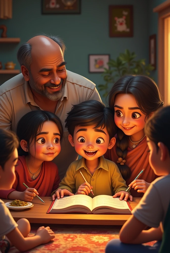 Ramoo's family working together in their modest home, expressing support and pride in his educational aspirations."