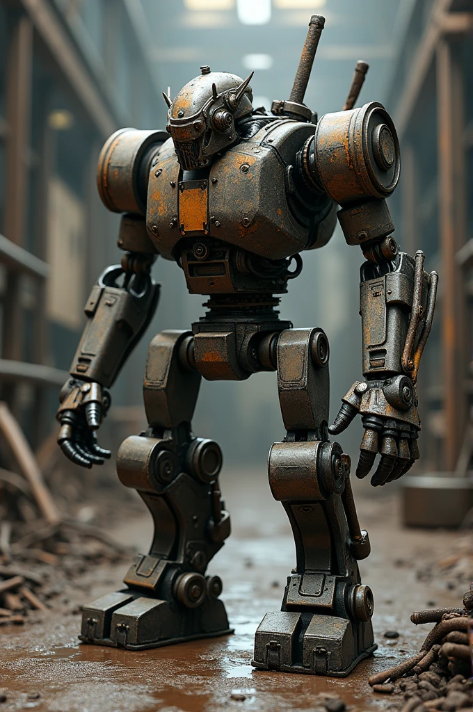 Create a body of anvil, arms of sledgehammer that are like hammer, hammer legs and robotic head 