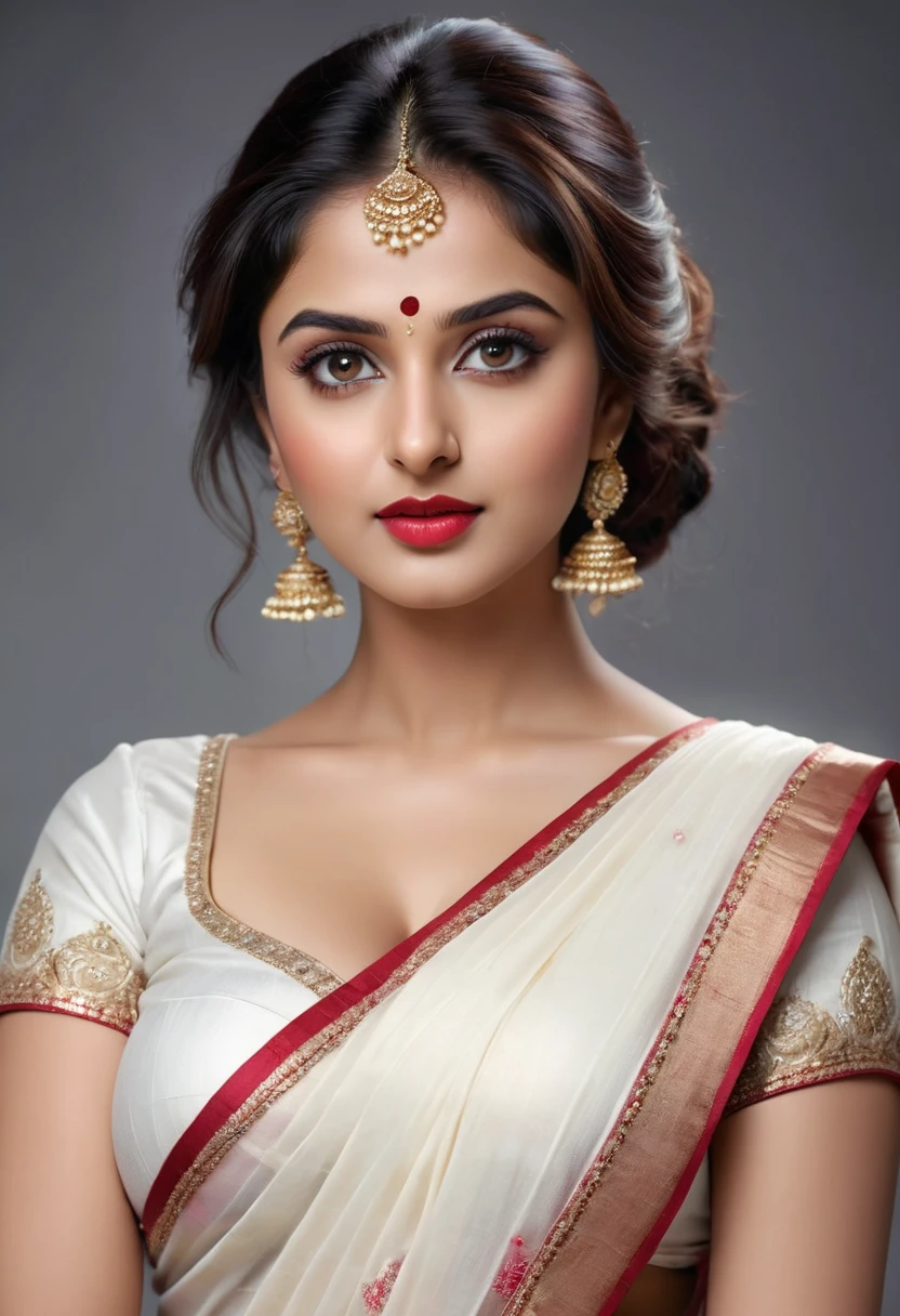 perfect pink eyes, fantastic face, Indian, beautiful look, ((red lips, bright eyes, curve heir 1.5)), not sagging breast), A glorious gorgeous, glorious gorgeous face, pretty face, bright eyes, white saree, updo elegant hair, blurred gray tones background, ultra focus, face illumined, face detailed, 8k resolution, ultra realistic, ((Full Open )), full body, sexy open thin belly, night ambience. so realistic face.