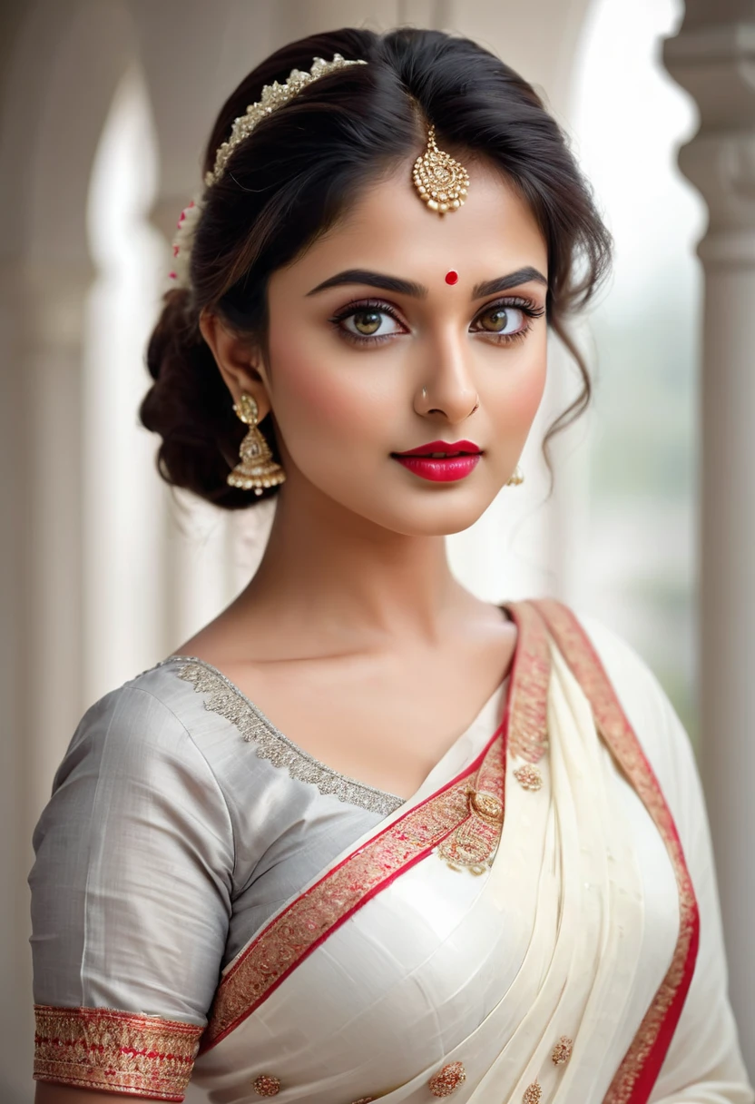 perfect pink eyes, fantastic face, Indian, beautiful look, ((red lips, bright eyes, curve heir 1.5)), not sagging breast), A glorious gorgeous, glorious gorgeous face, pretty face, bright eyes, white saree, updo elegant hair, blurred gray tones background, ultra focus, face illumined, face detailed, 8k resolution, ultra realistic, ((Full Open )), full body, sexy open thin belly, night ambience. so realistic face.