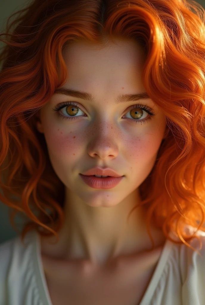A girl with curly, abundant, red hair, brown skin, and amber eyes