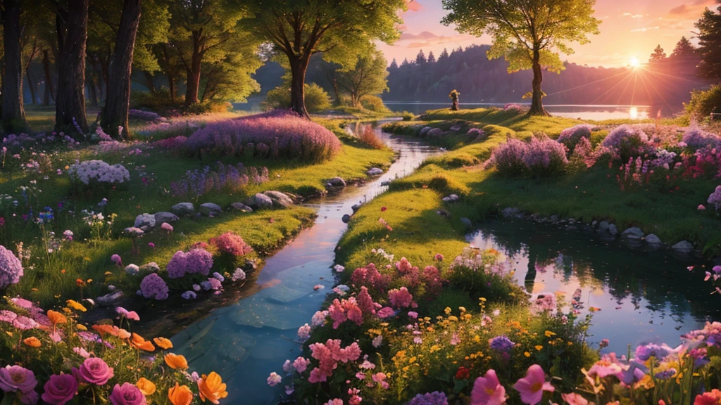 ((masterpiece)),((Highest quality)),((High Detail)),nobody,background, fantasy, sunset, forest, Sparkling lake, Colorful flowers