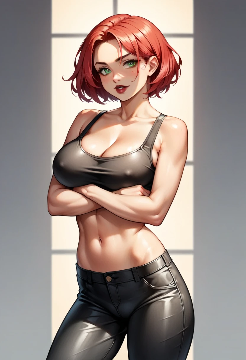 (high-level image quality), (high quality), (high resolution), (detailed), (masterpiece), beautiful woman, ((caucasian)), green eyes, red hair, short hair, dark red lipstick, busty, slender body, perfect eyes, Detailed face, leather pants, black top, crossed arms