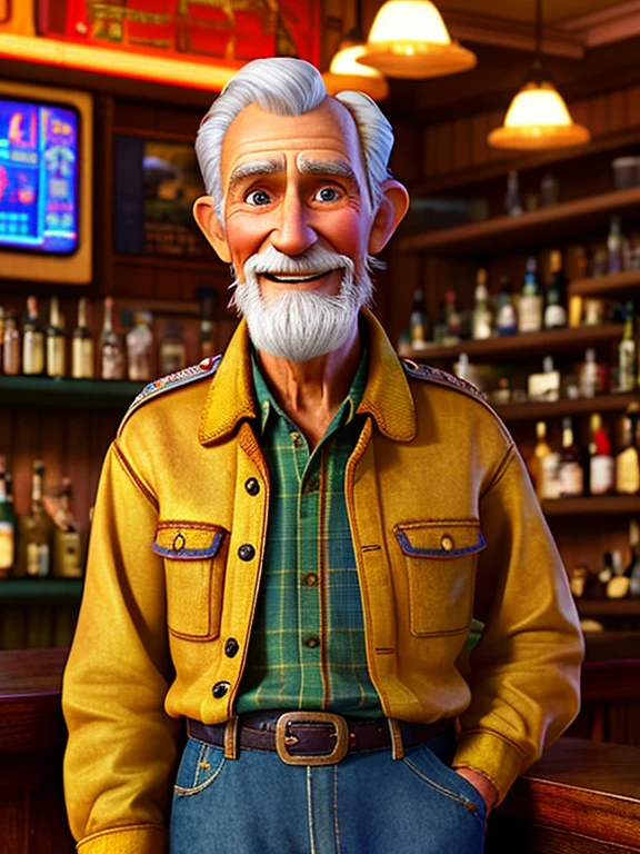 Pixarstyle A waist-high portrait of an elderly man with country clothes, in a bar, smile, natural skin texture, 4K textures, HDR, intricate, highly detailed, sharp focus, cinematic look, hyper-detailed