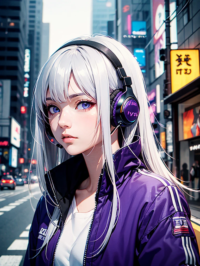 One person, Gray Hair, Long Hair, Techwear masterpiece, Highest quality, Realistic, realism, Dark purple jacket, Portraiture, Detailed eyes, Wearing the headset, Platinum Hair, 21 year old girl, Fashion pose, Half Body, Wide shot, on the road, Cyberpunk Ukiyo-e, Artistic, Japanese illustration style, Pointillism,