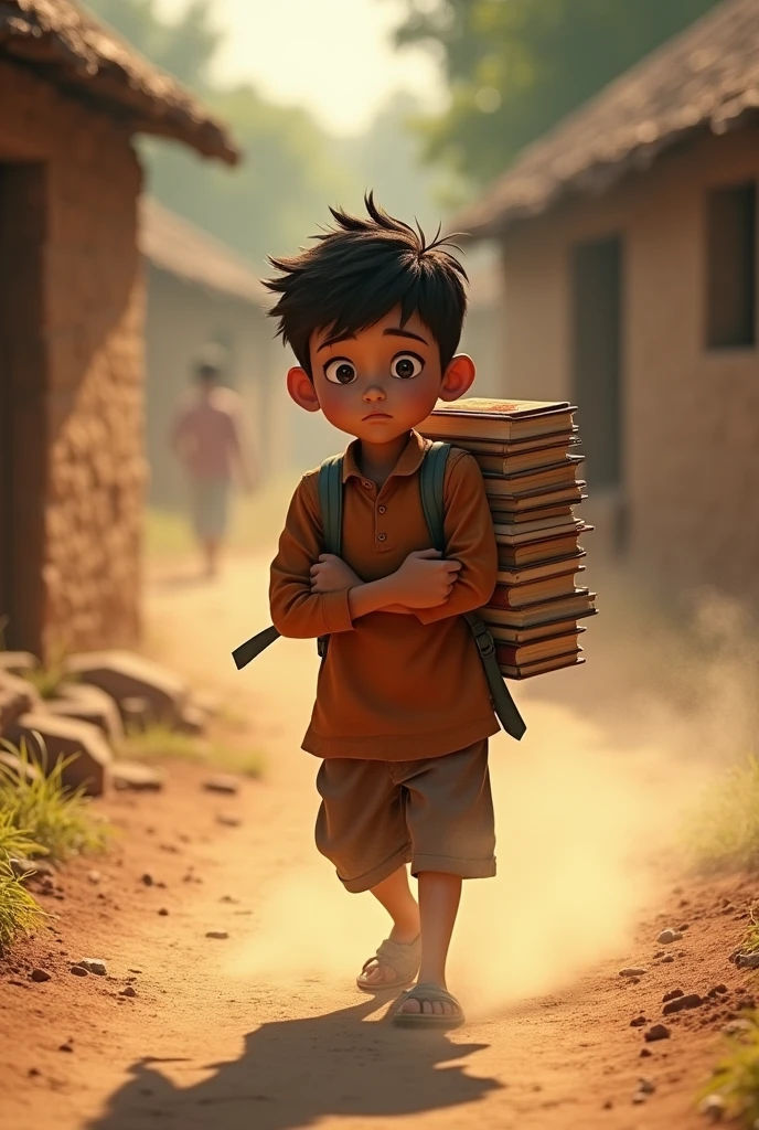 Ramoo walking to school through a dusty village path, carrying a bundle of books and a determined look."