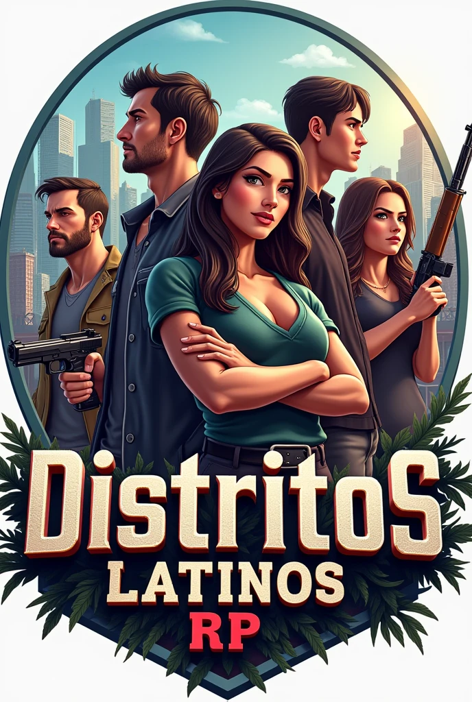 SPANISH LOGO WITH THE NAME DistritoS LatinoS RP ROLE-PLAYING GTA PLAY IN 3D WITH A CITY IN THE BACKGROUND INSIDE THE CIRCLE WEAPONS CARS WOMEN AND MEN