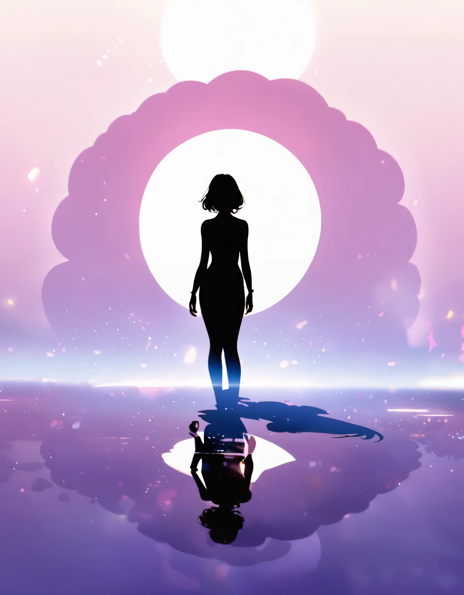 Woman silhouette, Sexy woman's back view, Long Hair, Backlight, Urban Background:1.2, Anime Style:1.2, Dark silhouette, Cowboy Shot, Dramatic lighting, Cinematic composition, Bright colors, Chiaroscuro, (Highest quality:1.2, 4K, 8K, Very detailed, High detail, masterpiece:1.2, Highest quality, Best aesthetics),