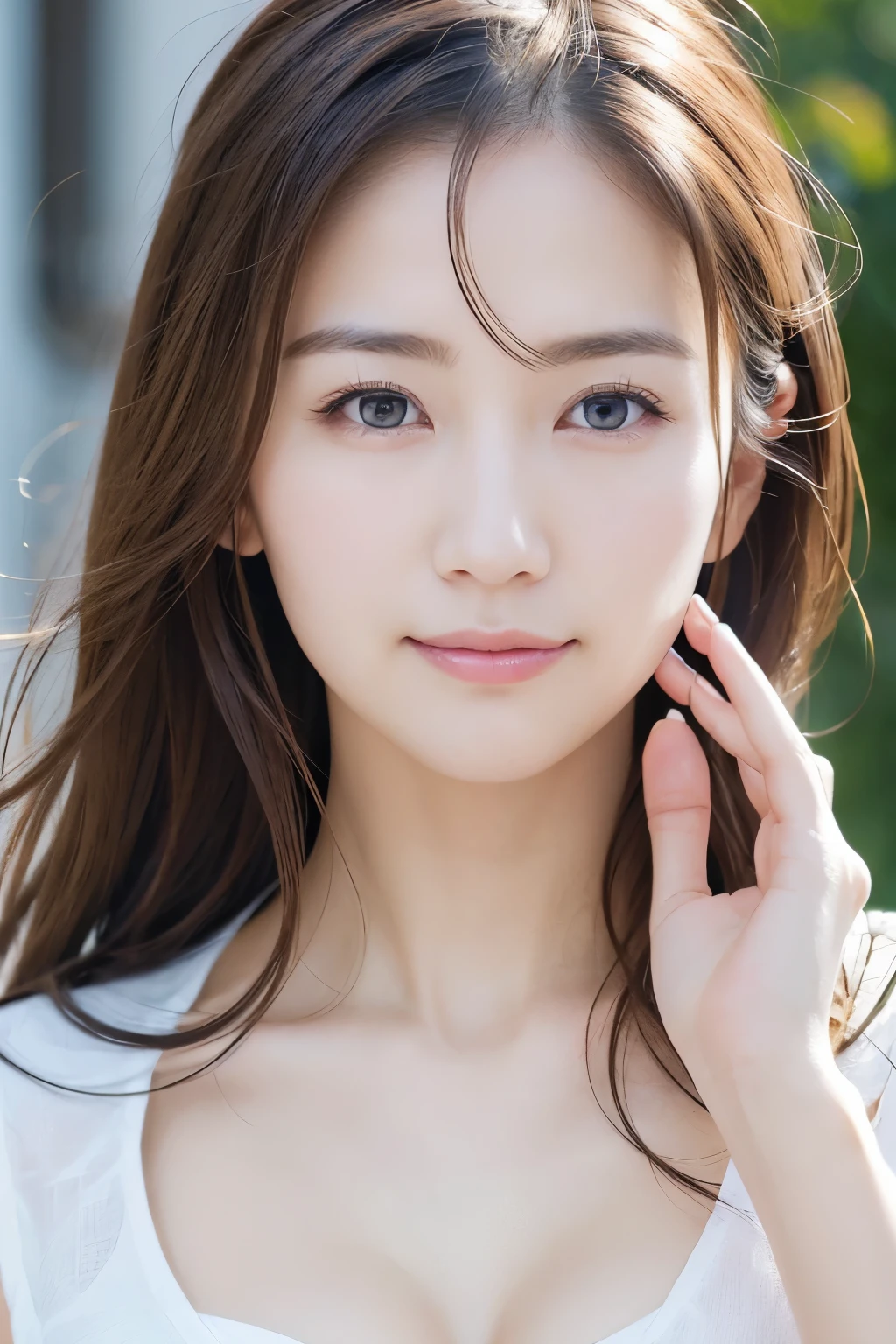 You are a professional photographer。This is a photo of the work scene.。breaK,masterpiece、8K、Highest quality, Soft Light, Ultra-high resolution, (Realistic:1.4), RAW Photos,Age 27 、1 Japan, alone, cute、(pupil, Light in your eyes), Natural black eyes、Beautiful face in every detail,(High resolution detail of human skin texture)、(Cleavage、Big Breasts)、TA-Q-BIN、Delivery Person 、Deliver your luggage、Wear work clothes with lines、Outdoor、(Portraiture)