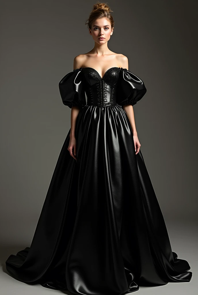 A black shiny dress inspired by Cinderella's corset, long not so fluffy and fluffy sleeves on the arms