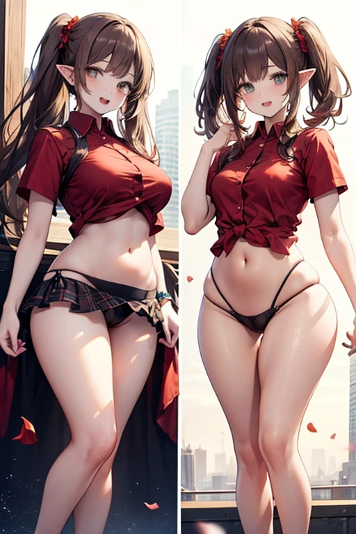 realistic image, coherent image, detailed image, 1 beautiful elf. She has brown hair, long hair with two pigtails. Scarlet eyes, long eyelashes. Her face is oval and delicate. smiling with open mouth. She is wearing a traditional red shirt, with a tangerine collar, showing her navel, plaid pleated mini skirt, sneakers, she has a curvy body, medium breasts and thick thighs. showing her thong. thong view, bottom view. Urban background. starry night, flower petals falling. natural lighting in front, volumetric lighting