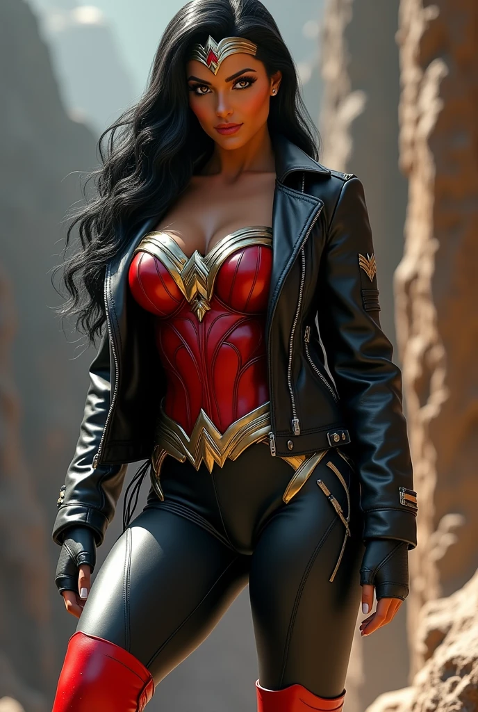 A beautiful woman Lynda Carter Wonder Woman with long black hair pulled back in a ponytail, wearing a black leather jacket, red corset and black leather pants, red knee-high boots, Wonder Woman diadem on her forehead
