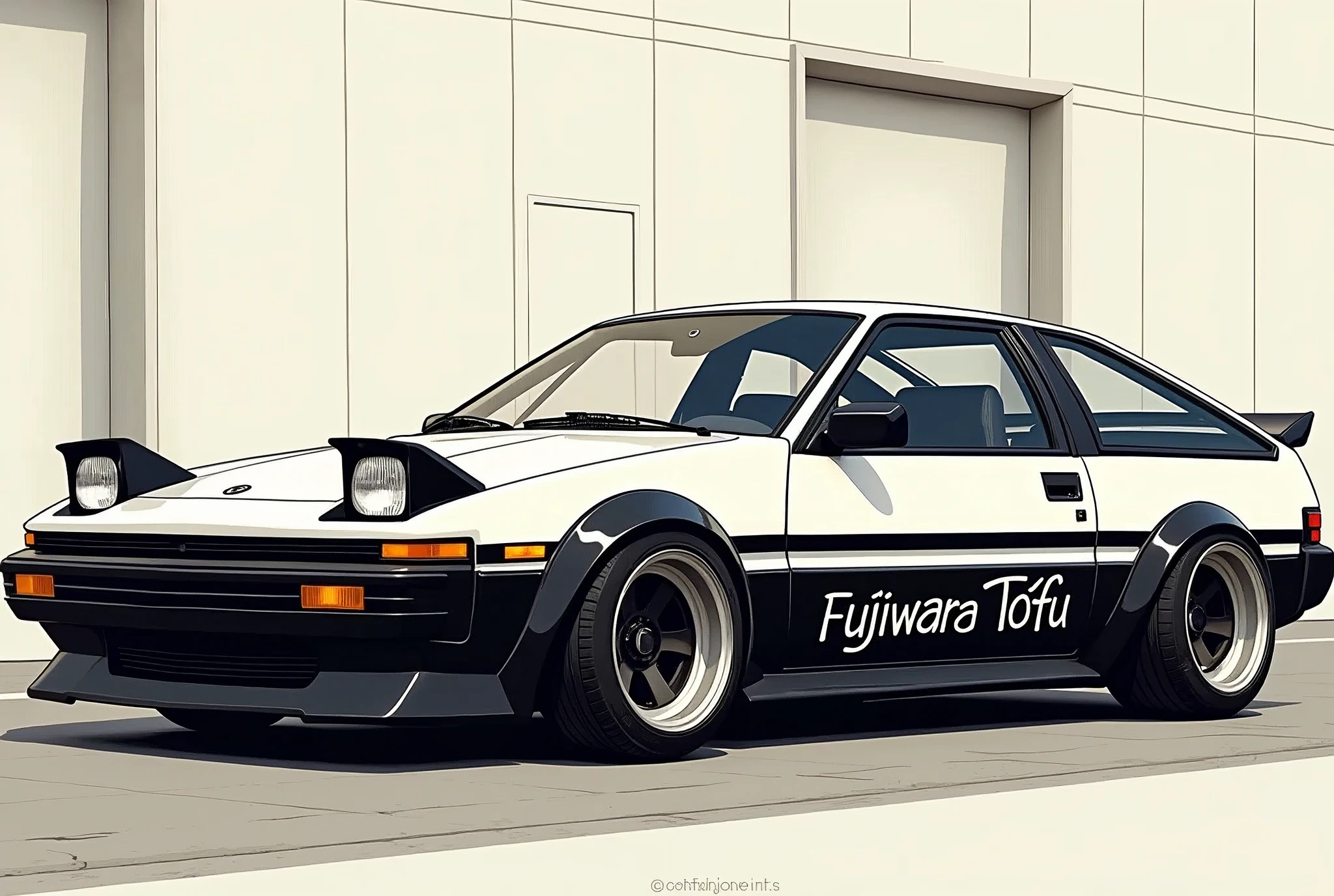 Pictures of a Toyota AE86, SPRINTER TRUENO, two-tone black and white car, text “Fujiwara Tofu” on the door.