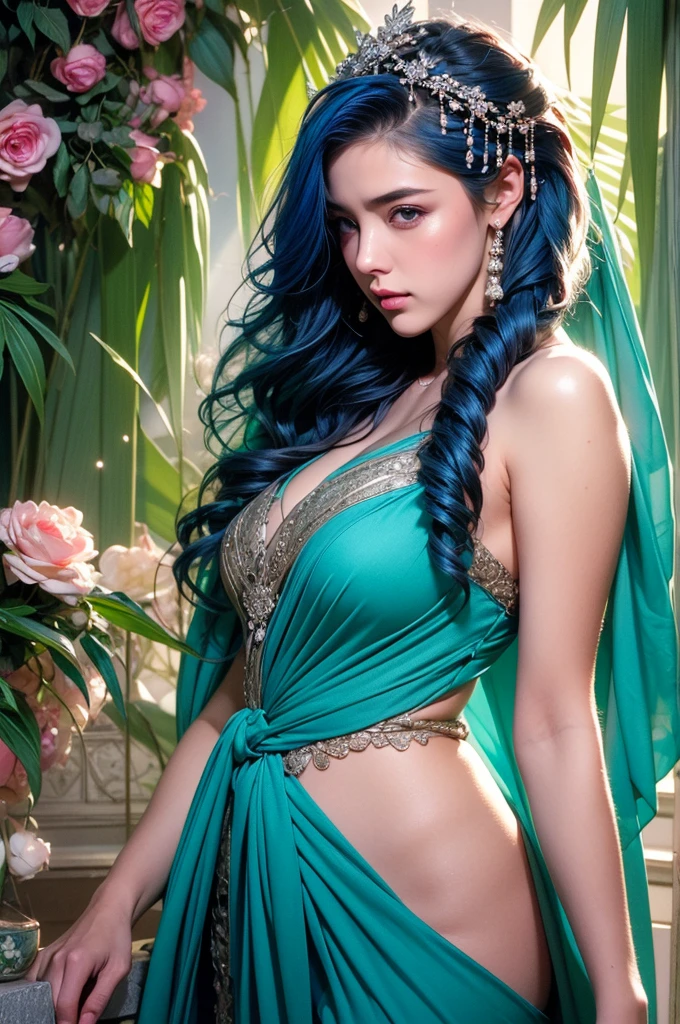 RAW photo,intricate, elegant, highly detailed, majestic, digital photography, peaceful oasis at dusk, goddess of love and beauty, flowing silk robes, jeweled headpiece, blooming roses, gentle breeze, enchanting serenity, Waterfall braid, Peacock blue hair color, Bottom-heavy (larger hips and narrower bust), (film grain:1.2), (high detailed skin:1.2), detailed skin, skin blemish, 8k uhd, dslr, (dramatic lighting), high quality, film grain, Fujifilm XT3, 
