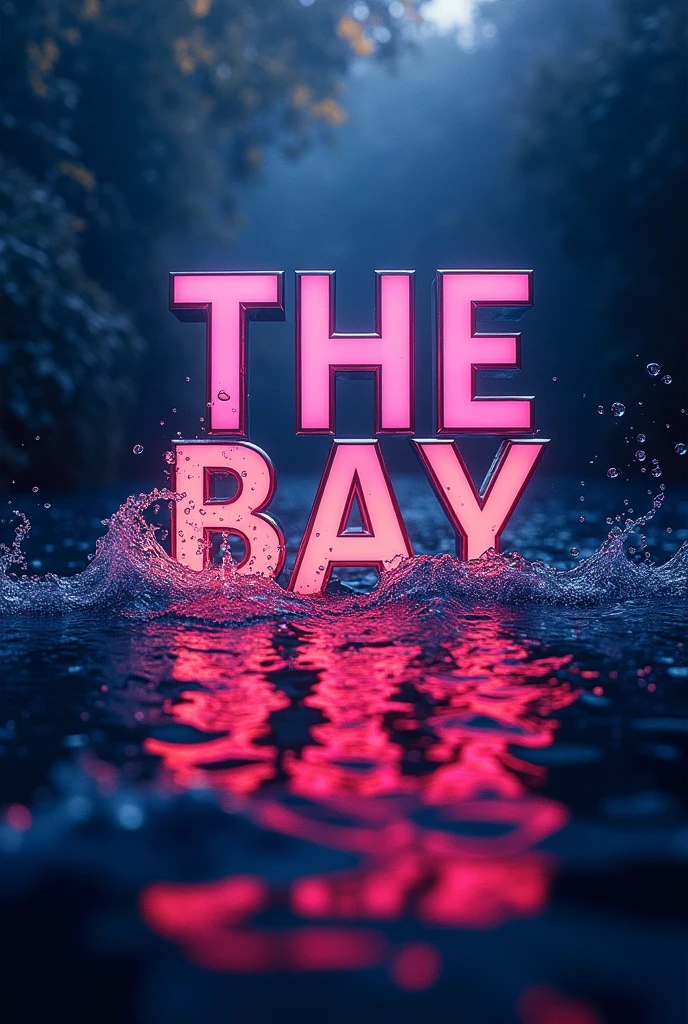 Create a text without a background and put it in the text "THE BAY" and disco or party style and in the background, Make it black and realistic, and also kind of in a water or sea style. 