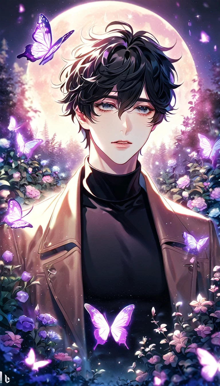 (absurdres, highres, ultra detailed, HDR) master piece, best quality, extremely detailed, delicated features, Han Yoohyun, black hair, messy hair, short hair, expressive gray eyes, The S-Classes That I Raised, solo, sexy man, handsome, sensual, brown coat, black tight turtleneck shirt, fantasy, magical, glittering, shining, flames, purple fire, purple moon, purple flowers, purple butterflies, garden