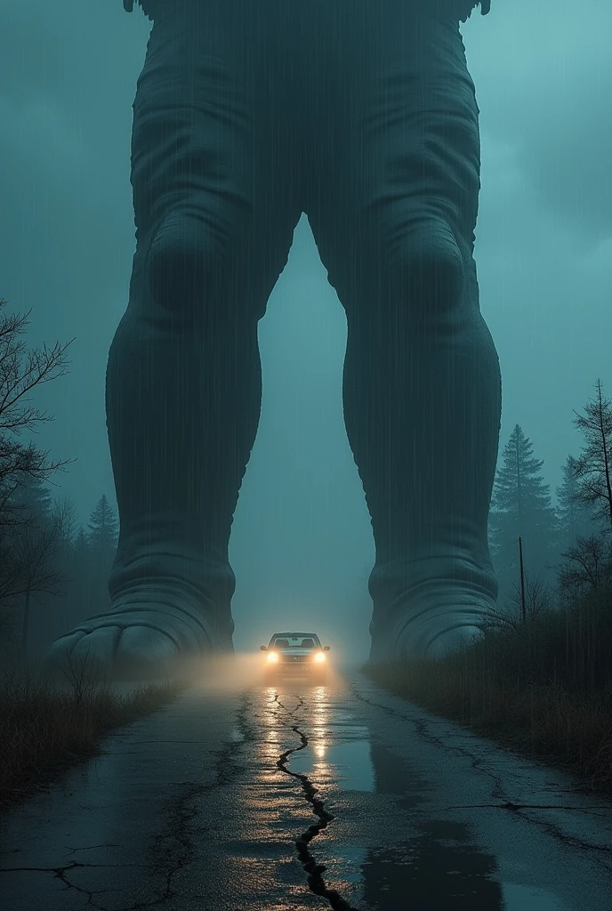 +a giant pair of legs stepping on a cracked road at night, horror scene, clay toys, (best quality,4k,8k,highres,masterpiece:1.2),ultra-detailed,(realistic,photorealistic,photo-realistic:1.37),HDR,UHD,studio lighting,ultra-fine painting,sharp focus,physically-based rendering,one car past by. Fogging night. Rain . extreme detail description,professional,vivid colors,bokeh,horror,dark,gritty,ominous atmosphere,moody lighting,dramatic shadows,claymation,creepy,unsettling,disturbing,macabre,intense,terrifying,chiaroscuro,cinematic,suspenseful,nightmarish