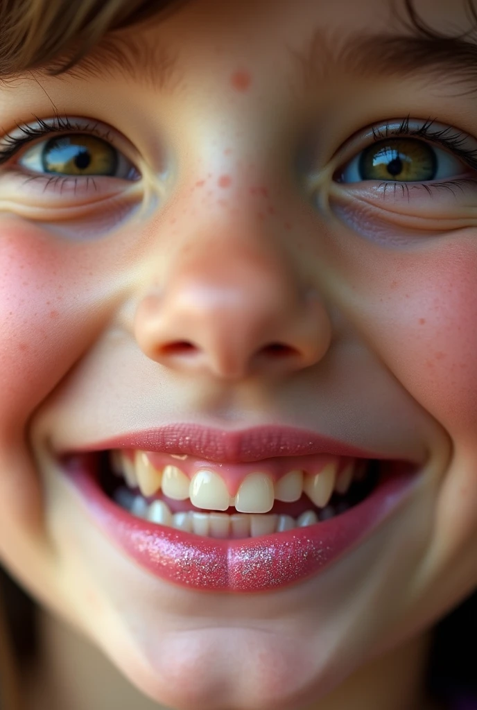 Extreme closeup of a female older child’s mouth, wearing light pink glitter lipstick, eyes barely open, ((mouth very wide open and smiling)), photorealistic, extreme skin detail, 8k, wallpaper