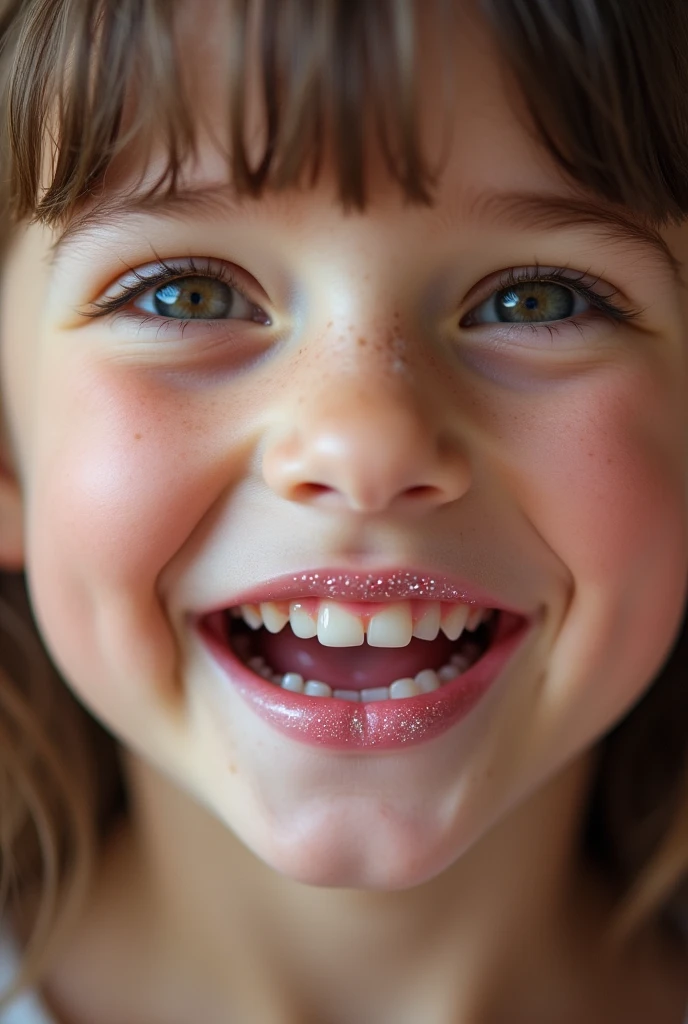 Extreme closeup of a female older child’s mouth, wearing light pink glitter lipstick, eyes barely open, ((mouth very wide open and smiling)), photorealistic, extreme skin detail, 8k, wallpaper