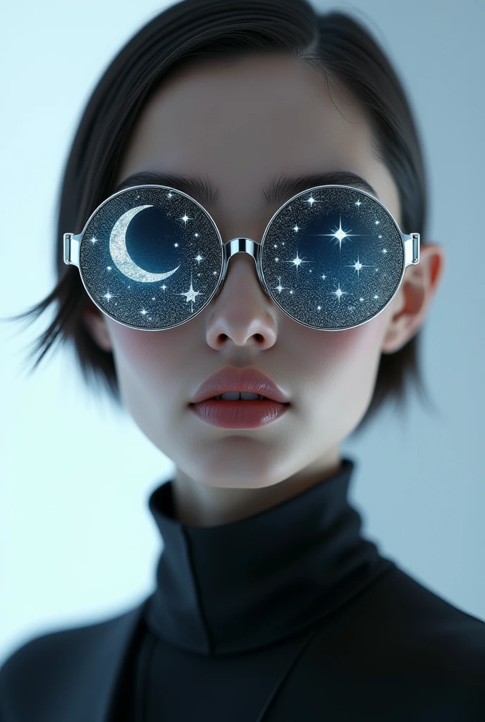 The model is wearing glass sunglasses with stars and the moon on the glass