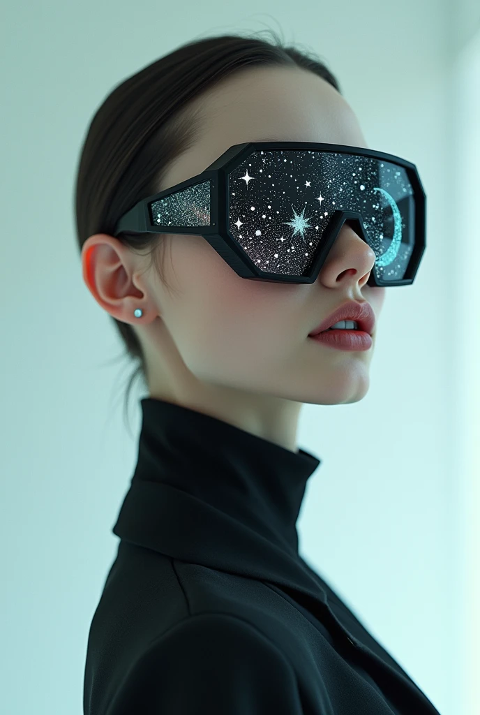 The model is wearing glass sunglasses with stars and the moon on the glass