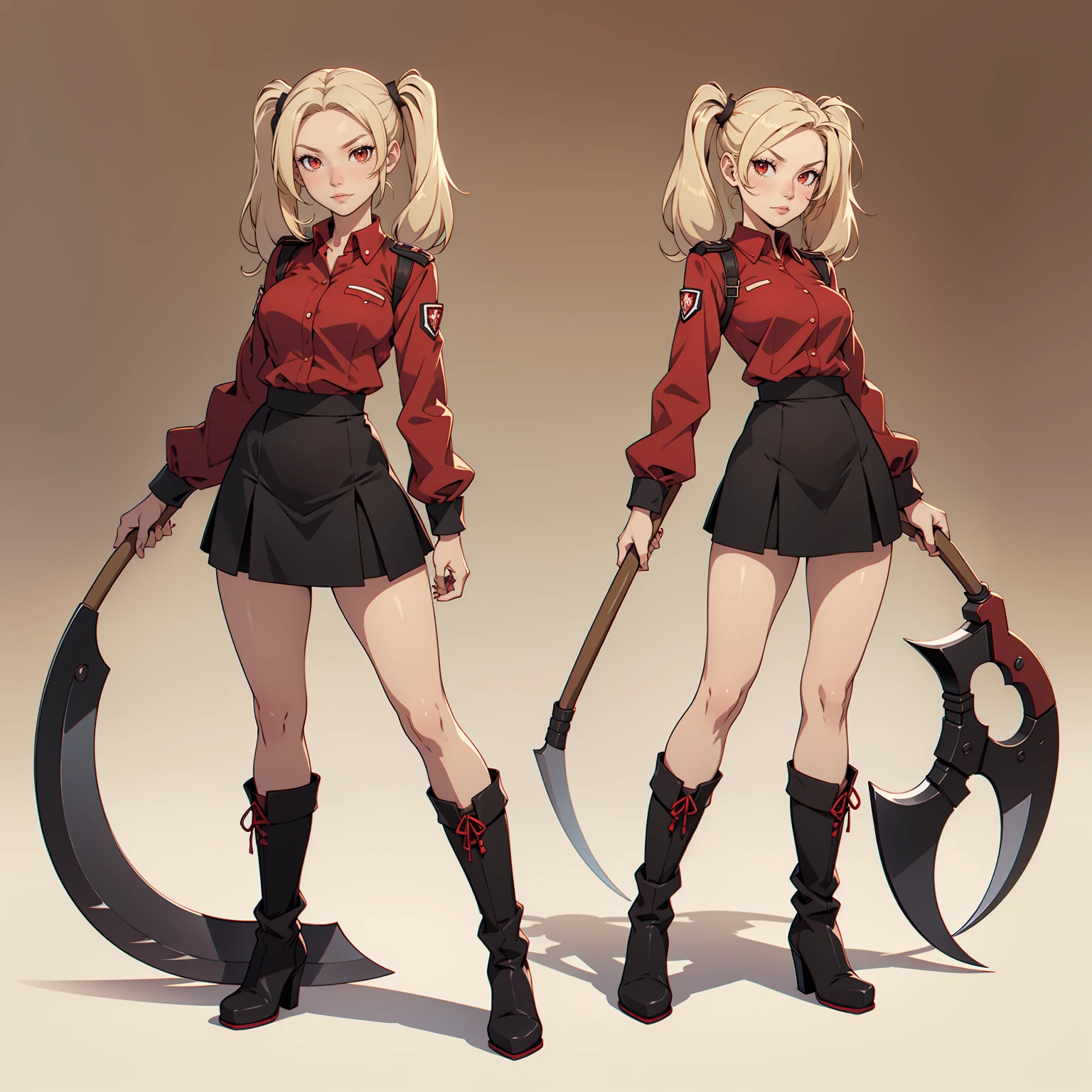 Very detailed, neutral facial expression,  figure, full body view, blonde hair with twintails, red eyes, looking at viewer, black and red uniform shirt, skirt, black boots, holding scythe.