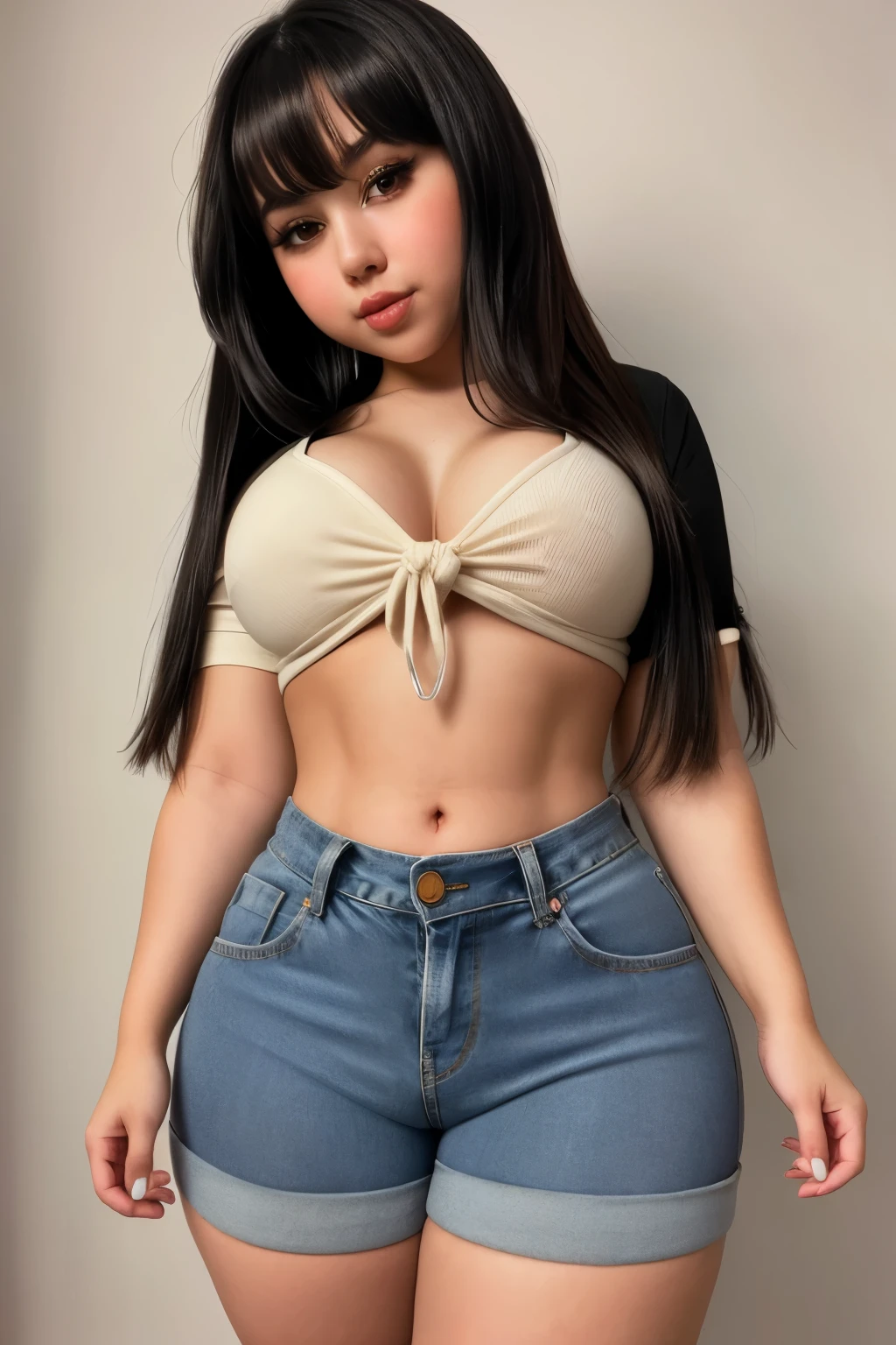 best quality, plump t girl, medium hair, body, flat chest, slim waist, thick thighs, large hips, cute outfit