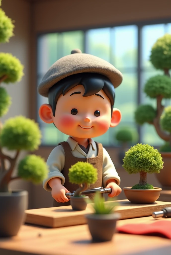 Create a 3D cartoon image of a Japanese man wearing a beret with a pair of pruning shears in his hand.  In the background, a blurred image of a Japanese-style room with a large window. In front of the character, a table with various bonsai trees and gardening materials on the table.