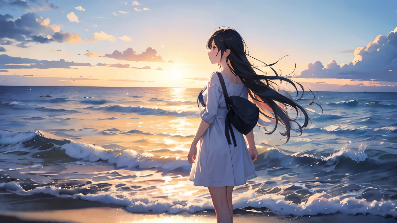 beauty、easide、bright、A figure looking out at the sea