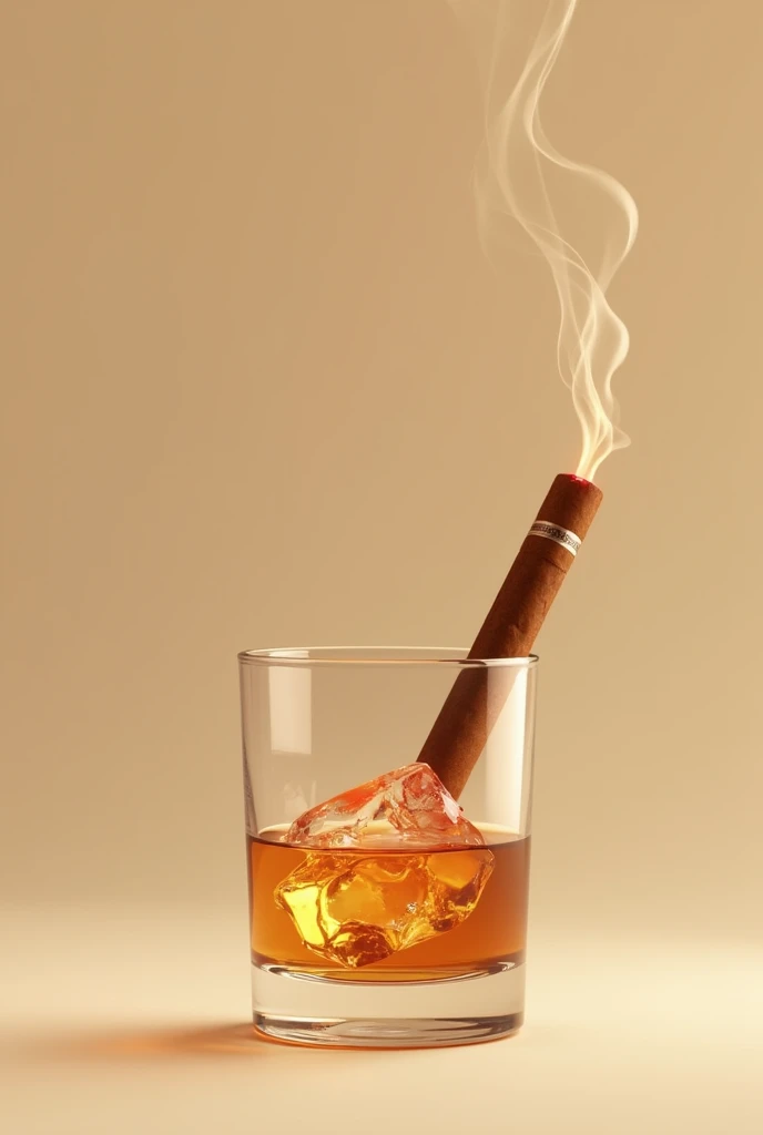 Show a short glass of whiskey with ice, against a beige background with a horizontal cigar held up in the air with smoke