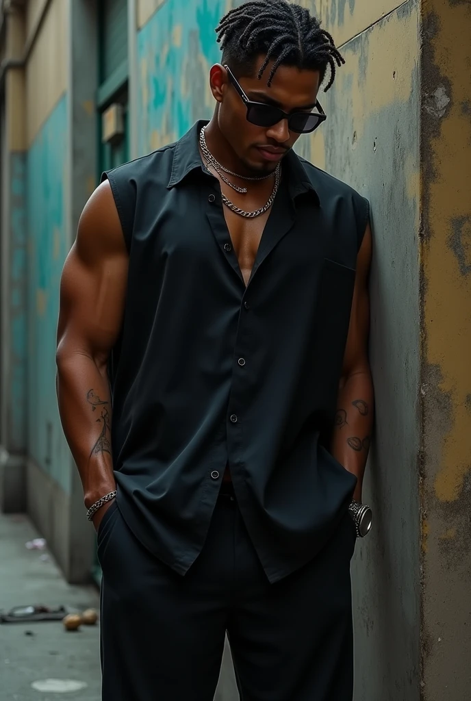 "Create an image of Puerto Rican singer Jhay Cortez. He should be wearing black sunglasses, a black oversized sleeveless shirt, and wide-leg pants. He should be positioned diagonally, looking down at the ground."
el el de puerto rico que canta, holanda, mamichula, como se siente, no me conoce
