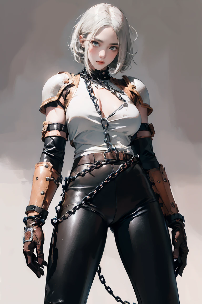 (((Tall Woman))), (High resolution), (Highest quality), (masterpiece), ((High resolution, 4K)), detailed, 超detailed, 複雑なdetailed, androgen, ((Slime creature)), ((alone_Concentrated)), ((Slime)), Silver Hair, short hair, mature, beautiful, ((whole body)), Toned body, Sports competition, View your viewers, Armor, Cheeky, Closed_mouth, exudes a dark aura, Wearing a white shirt, ((tops:(Chain Mail)), ((bottomwear:(leather_pants:Brown))), ((gloves:(Arm guard))), Simple Background, Threatening, Severe, Hunter, Large Breasts,NSFW, ((Wide open chest)), Hip and thigh skin