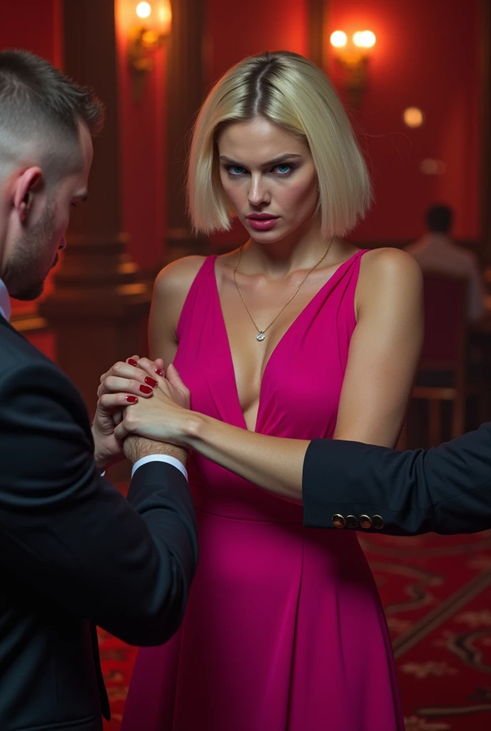 Angry blonde woman with blue eyes, with short hair and wearing a pink formal dress,being grabbed by the wrist . The environment is similar to a casino with red lighting.