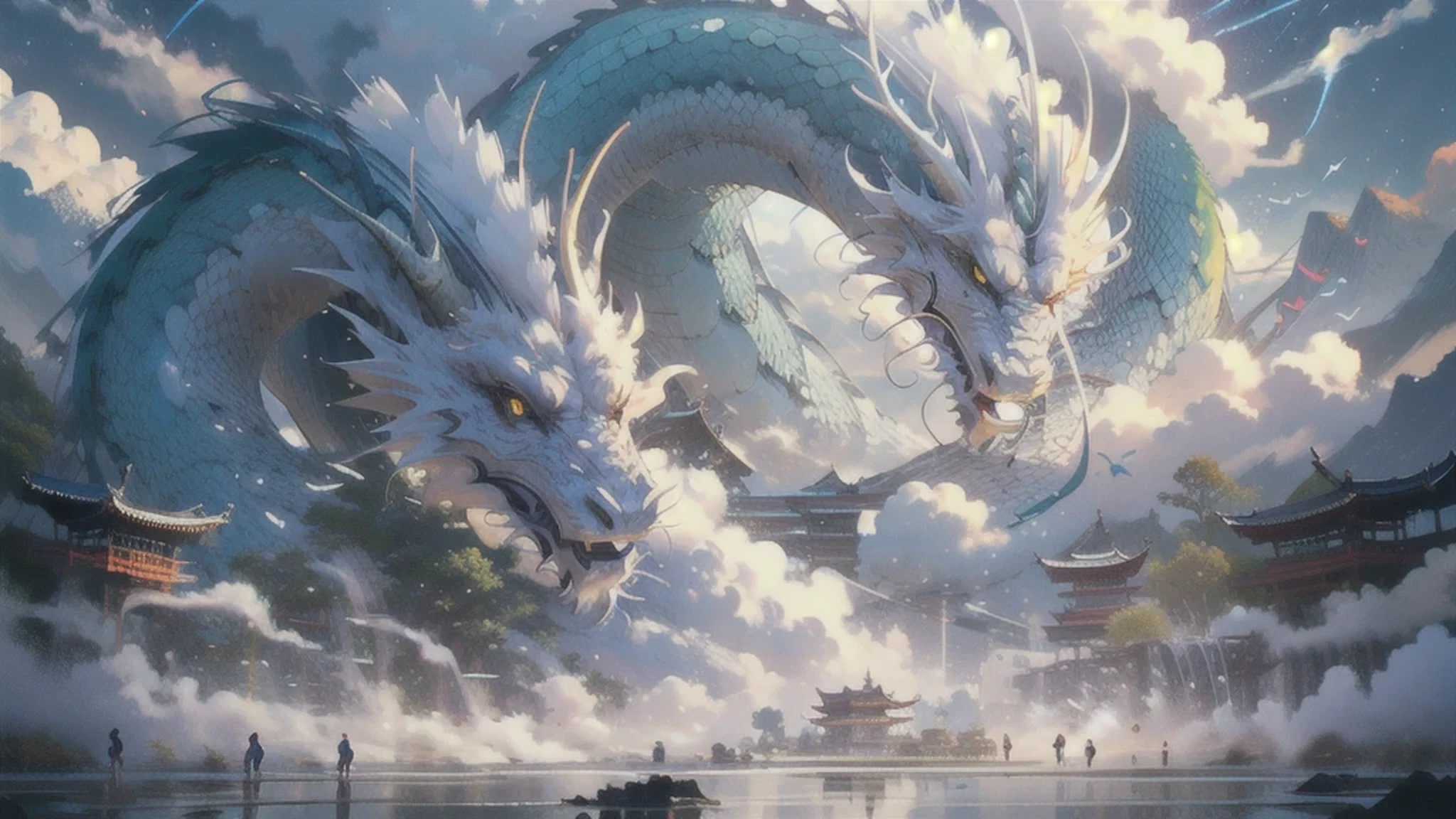 BJ_Sacgreen_bEast,green_eye,Outdoor,Horn,null,cloud,no_human,bird,cloudy_null,scenery,stage,Fantasy,Dragon,architecture,East_Asian_architecture,Eastern_Dragon,Cinema Lighting,Strong contrast,High level of detail,Highest quality,masterpiece,