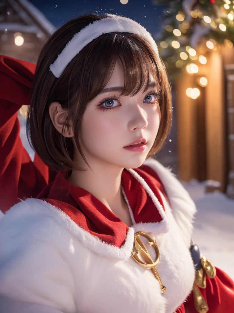A ultra beautiful girl in a Santa Claus costume, droppy eyes, extremely detailed face and long eyelashes, in a snowy night town, (best quality,4k,8k,highres,masterpiece:1.2),ultra-detailed,(realistic,photorealistic,photo-realistic:1.37),fantasy character,short hair,vivid colors,studio lighting