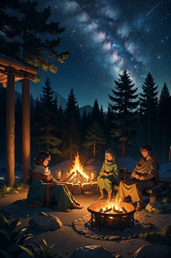 A high-fantasy anime scene depicting a cozy nighttime campsite. A gentle campfire illuminates the scene, surrounded by ancient stones covered in moss. The warm glow of the fire reflects on the soft shadows of towering trees in the background, creating a serene and relaxing atmosphere. The firelight is soft, with a golden, tranquil hue spreading across the environment. There's a small resting area with cushions and blankets positioned near the fire, suggesting a comfortable spot to unwind. The night sky is starry and clear, adding a magical touch to the scene. Peaceful and inviting ambiance with a hint of mystical charm.