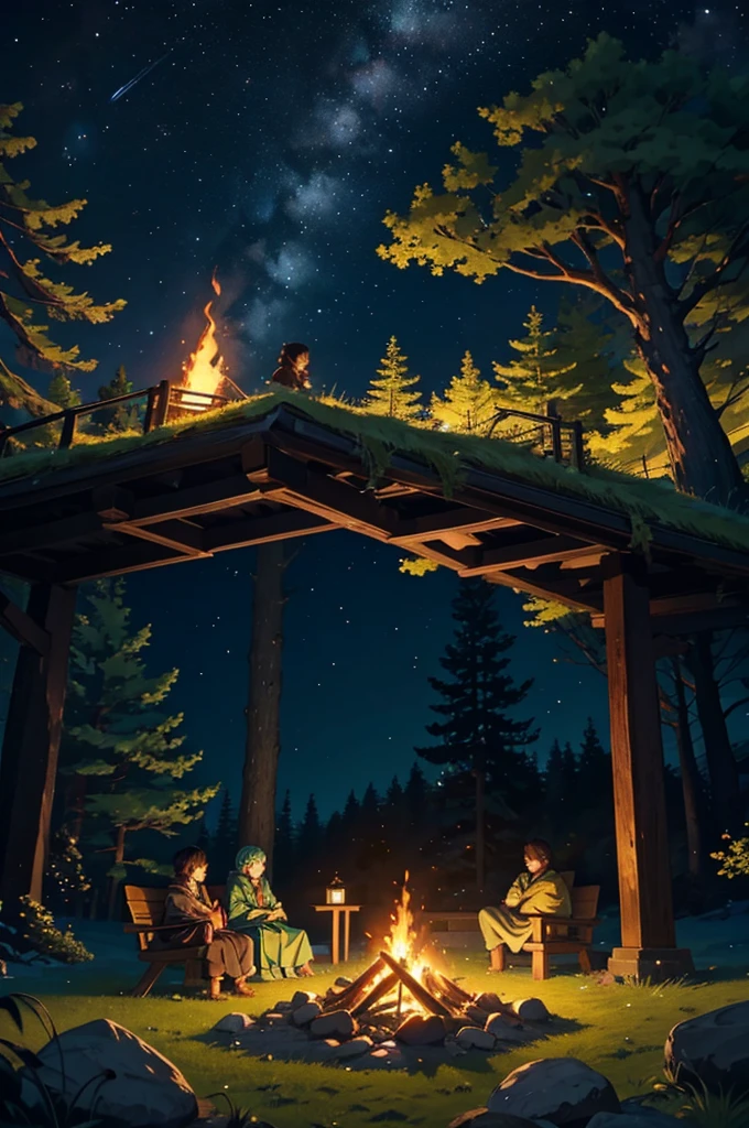 A high-fantasy anime scene depicting a cozy nighttime campsite. A gentle campfire illuminates the scene, surrounded by ancient stones covered in moss. The warm glow of the fire reflects on the soft shadows of towering trees in the background, creating a serene and relaxing atmosphere. The firelight is soft, with a golden, tranquil hue spreading across the environment. There's a small resting area with cushions and blankets positioned near the fire, suggesting a comfortable spot to unwind. The night sky is starry and clear, adding a magical touch to the scene. Peaceful and inviting ambiance with a hint of mystical charm.