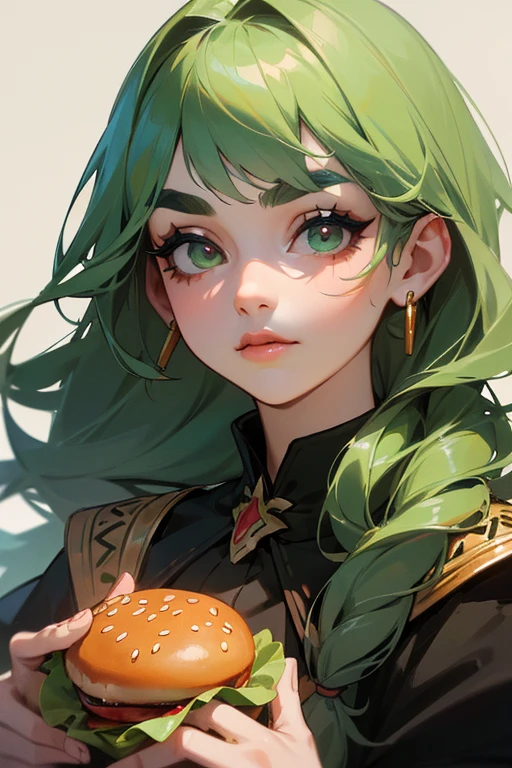 (Highest quality, masterpiece:1.2), High resolution, Very detailed, Realistic:1.37, Fantasy, An illustration, Green Eyes、Queen, Platinum decoration、beautifully、Eyeshadow Red、Thick eyebrows、Long eyelashes、pupils are black、Her hair is light green、Embarrassing、people々々々々Loved by、Shoulder Bare、Braiding、((Swimwear)).(Save face image),((hamburger)).