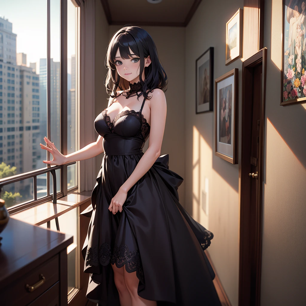 (Practical:1.5),(RAW photos:1.4), (Reality:1.3),(masterpiece), best quality, best quality, extremely detailed CG unity 8K wallpaper, Complex details, The original,high resolution, [:(Delicate face:1.2):0.2],Film Grain, Fuji XT3, (High Detail Skin:0.9), 8K,(ulzzang-6500:0.9), balcony, Rock Show!!, A faint smile, cleveage, Detailed gradient background, whole body, Sunlight,slim,Very beautiful dress,Beautiful hand shape, whole body