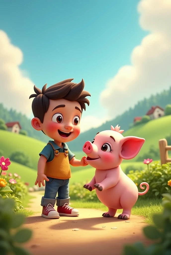 An animated boy with his bald pig