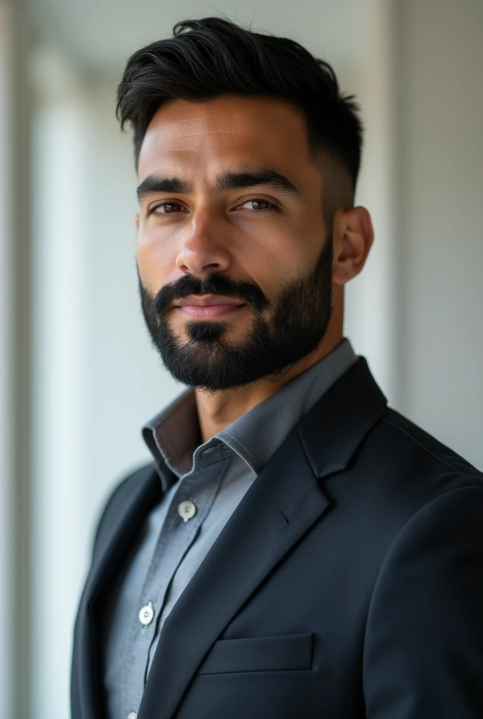 Professional photo of a light brown-skinned executive man , rounded face, black hair styled straight, short black beard, chic