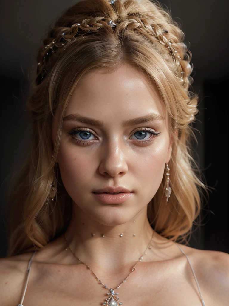 blonde hair, blue eyes, full lips, beautiful detailed eyes, beautiful detailed lips, extremely detailed face, long eyelashes, elegant pose, soft warm lighting, ethereal glowing skin, intricate ornate jewelry, flowing delicate dress, cinematic composition, dramatic chiaroscuro lighting, smooth blended colors, photorealistic, 8k, (best quality, 8k, highres, masterpiece:1.2), ultra-detailed, (realistic, photorealistic, photo-realistic:1.37)