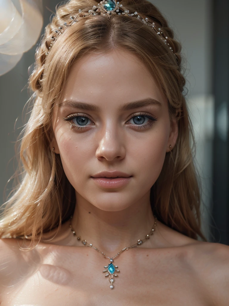 blonde hair, blue eyes, full lips, beautiful detailed eyes, beautiful detailed lips, extremely detailed face, long eyelashes, elegant pose, soft warm lighting, ethereal glowing skin, intricate ornate jewelry, flowing delicate dress, cinematic composition, dramatic chiaroscuro lighting, smooth blended colors, photorealistic, 8k, (best quality, 8k, highres, masterpiece:1.2), ultra-detailed, (realistic, photorealistic, photo-realistic:1.37)