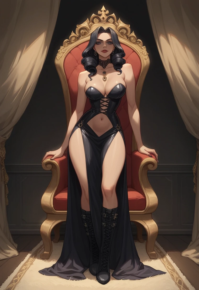 Setting: Royal Throne room - Grand, opulent, with rich indigo fabrics and purple tapestries Character: Appearance: Black hair - Short, styled in a sharp bob Full figure - Curvaceous Attire: High boots - Leather, reaching up the calves Elegant outfit - Befitting the royal setting (consider a dress, gown, or ensemble) Gold tattoo - Delicate design on the navel Face - A confident smirk plays on her lips, eyes sparkling with amusement Pose: Full body - Standing tall Hands - Resting on hips in a commanding posture Additional details: (add to the background a African sci fi throne, a plush rug, ornate African inspired furniture) better hands, offset character to right side of image