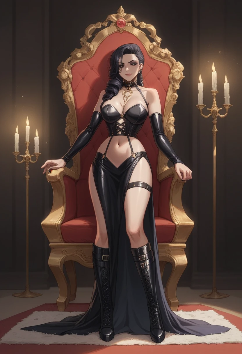 Setting: Royal Throne room - Grand, opulent, with rich indigo fabrics and purple tapestries Character: Appearance: Black hair - Short, styled in a sharp bob Full figure - Curvaceous Attire: High boots - Leather, reaching up the calves Elegant outfit - Befitting the royal setting (consider a dress, gown, or ensemble) Gold tattoo - Delicate design on the navel Face - A confident smirk plays on her lips, eyes sparkling with amusement Pose: Full body - Standing tall Hands - Resting on hips in a commanding posture Additional details: (add to the background a African sci fi throne, a plush rug, ornate African inspired furniture) better hands, offset character to right side of image