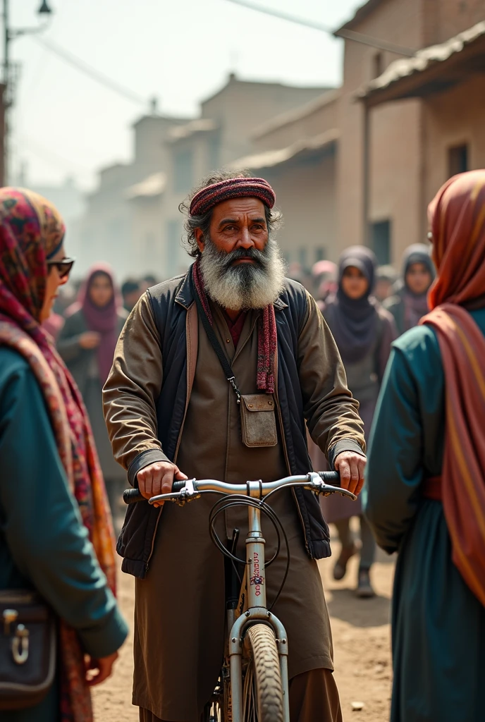 Afghan bicycle trainer with a beard and women cycling in the background 