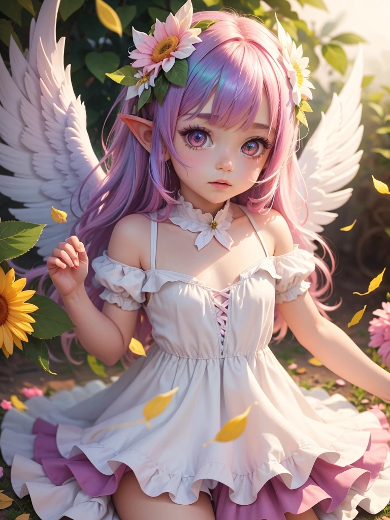 cute little angel, , rainbowhair, pink eyes,  dress pointy ears dress made of petals leaves glitter sun leaves flowers white big angel wings